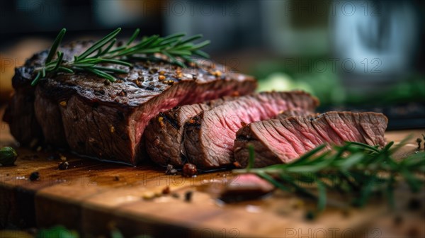 Slices of grilled beef steak on a cutting board with vegetables. Ai generated