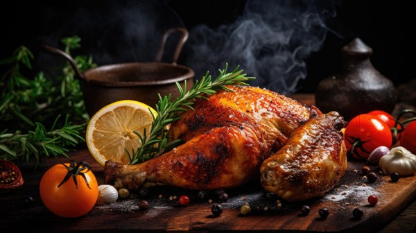 Roast chicken with spices and herbs on a wooden board. Dark background. Ai generated