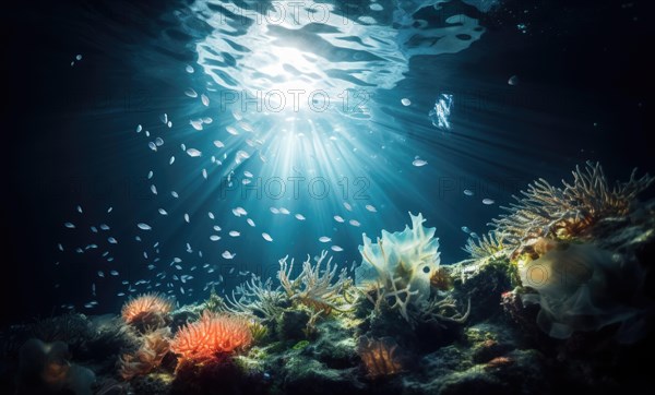 Underwater view of coral reef with sun rays shining through water surface Ai generated