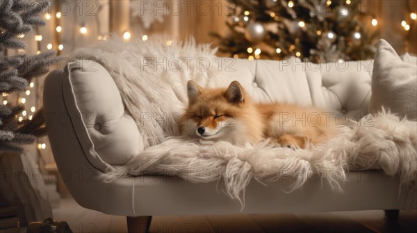 Cute little fox sleeping on sofa in room with Christmas tree and lights Ai generated