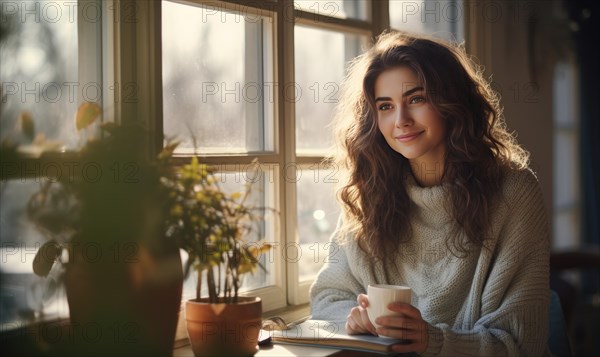 Beautiful woman stand near the window and smile Ai generated