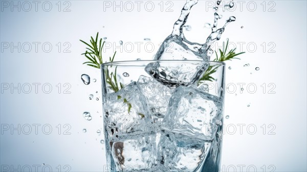 Glass of water with ice cubes and cannabis leaf on white background Ai generated