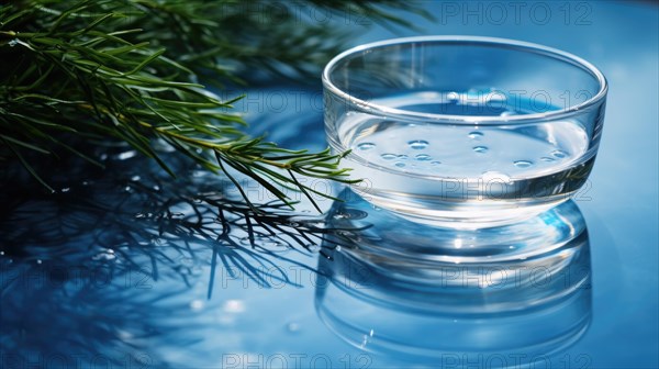 A clear glass of water on a reflective surface with a pine branch