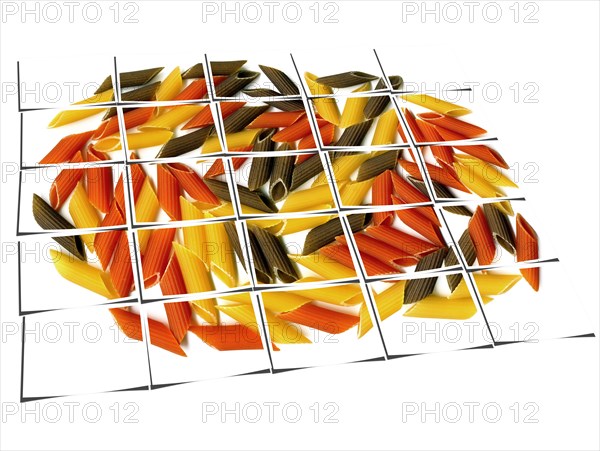 Penne italian pasta on white background collage composition of multiple images over white