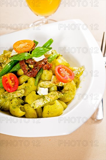 Fresh lumaconi pasta and pesto sauce with vegetables and sundried tomatoes