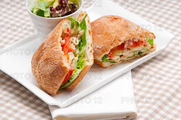 Italian ciabatta panini sandwich with chicken and tomato