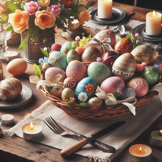 Multicolored Easter eggs forming background. Holiday decorations for interiors. AI Generated