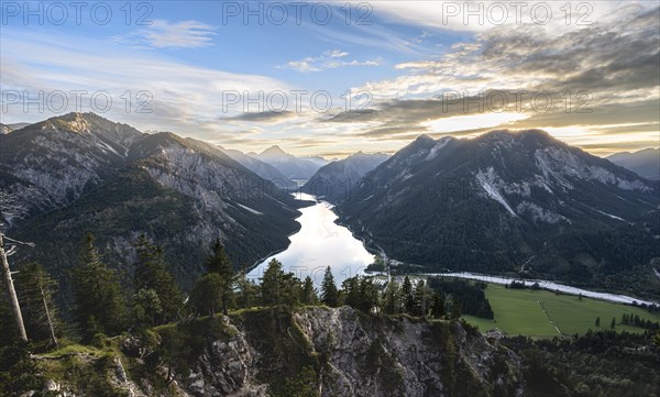 View of the Plansee lake from Schoenjoechl at sunset