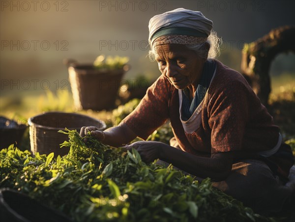 An Indian woman in traditional clothing picking tea on a tea plantation