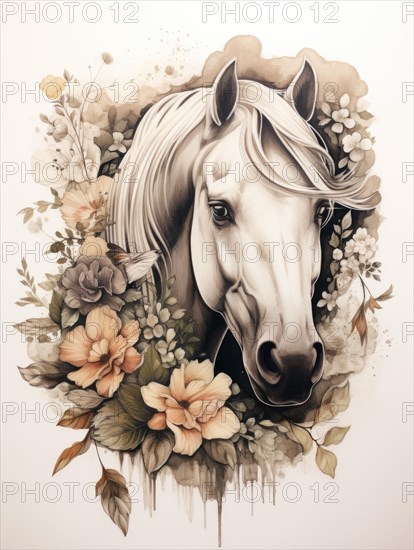 An illustrated sepia-toned depiction of a horse surrounded by elegant flowers Ai generated