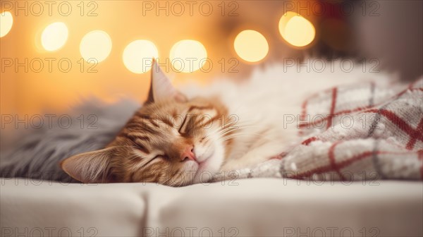 Cute ginger cat lying on sofa at home. Fluffy pet Ai generated