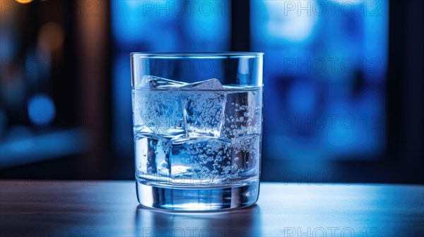 A glass of water with ice cubes on a table