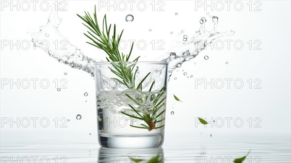 A sprig of rosemary splashing into a glass of water with dynamic droplets and a clear white setting Ai generated