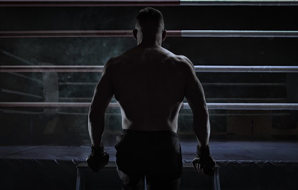 Kickboxer climbs into the ring. View from the back. Sports competitions. Fight night. The concept of mixed martial arts. MMA