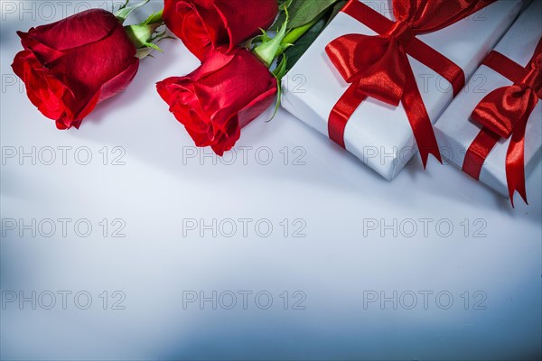 Wrapped present boxes natural roses on white background