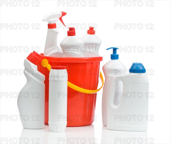 Composition of white cleaning agents with red bucket