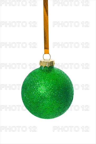 Green Christmas baubles against a white background