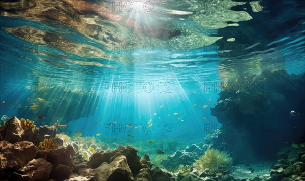 Underwater view of coral reef with sun rays shining through water surface Ai generated