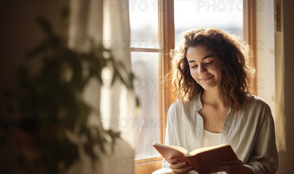 Beautiful woman stand near the window and read a book Ai generated