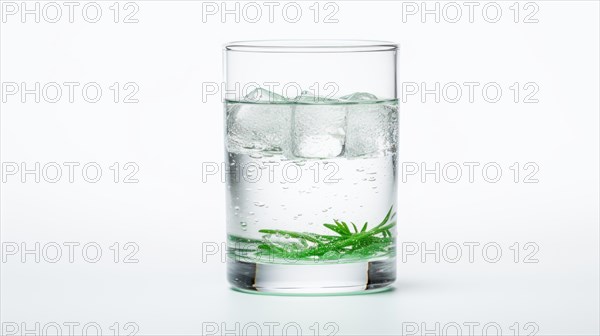 Glass of water with ice and spruce branch on a blue background Ai generated