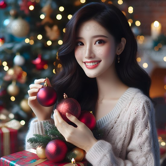 Portrait of a young cheerful woman with red lips and curly hair in a knitted sweater smiles and holding a red Christmas ball in the background of a Christmas decorated Christmas tree at a holiday in December. AI Generated