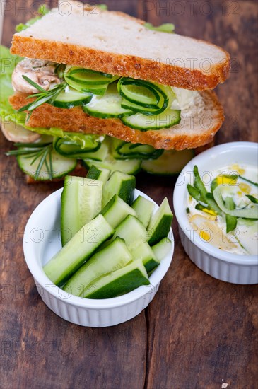 Fresh vegetarian sandwich with garlic cheese dip salad on rustic table