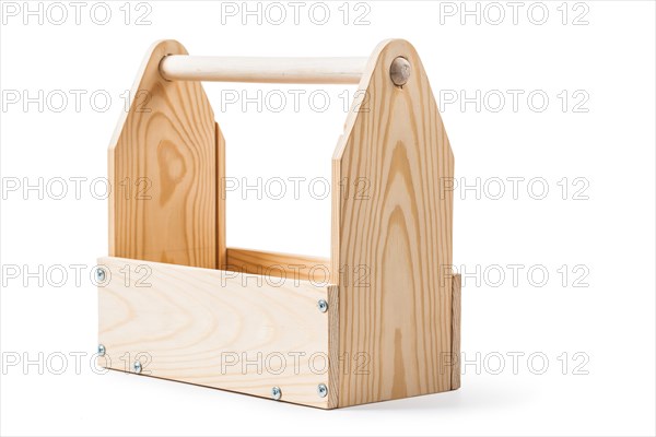Angle view empty wooden toolbox isolated on white background