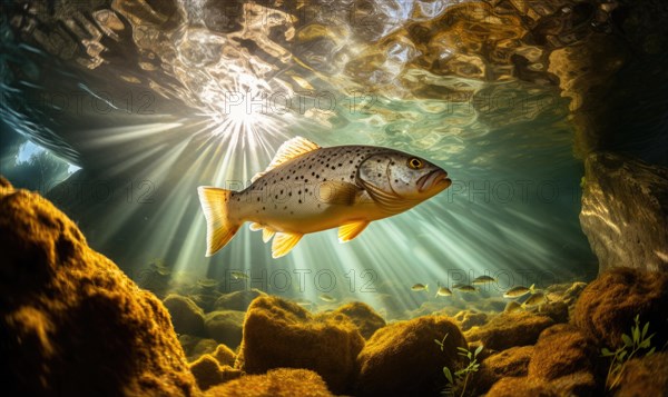 Underwater view of coral reef with fish and rays of sunlight
