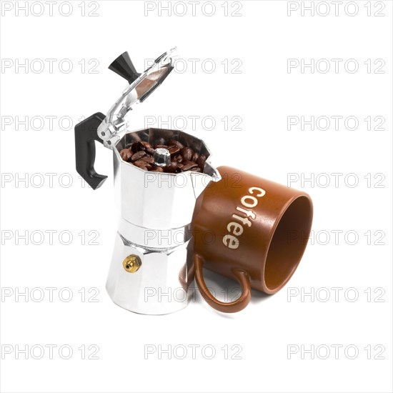 Mocha coffee machine and cup isolated on white background