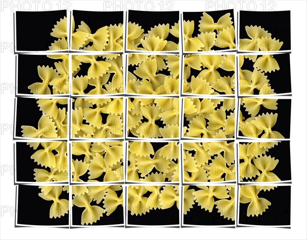 Bow tie pasta collage composition of multiple images over white