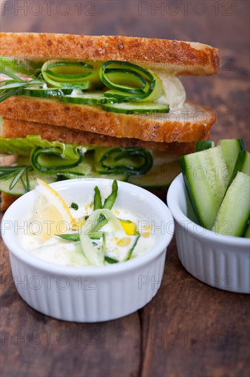 Fresh vegetarian sandwich with garlic cheese dip salad on rustic table