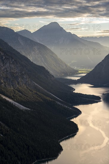 View of the Plansee lake from Schoenjoechl at sunset