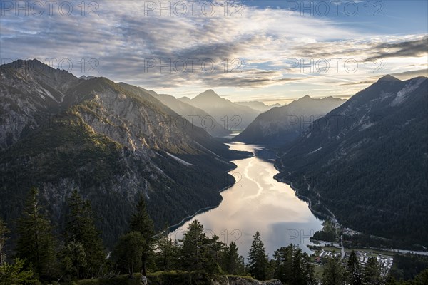 View of the Plansee lake from Schoenjoechl at sunset