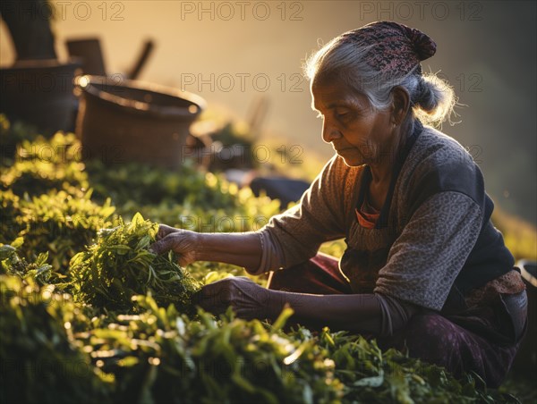 An Indian woman in traditional clothing picking tea on a tea plantation