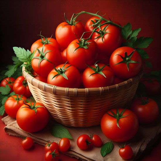 Organic vegetable tomatoes in a bamboo made basket. AI generated