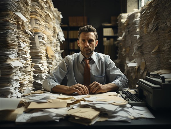 Bureaucracy: Employee sits at his desk in his office surrounded by a multitude of files to be processed