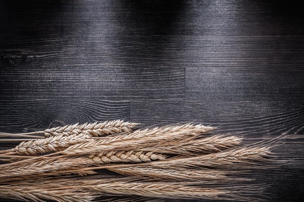 Golden wheat and rye ears on wooden board horizontal version