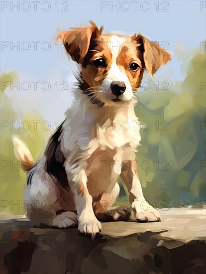 An impressionistic painting of a small dog sitting outdoors with a bright and warm color palette Ai generated