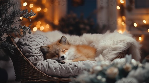 Cute little fox sleeping in basket near Christmas tree on blurred background Ai generated
