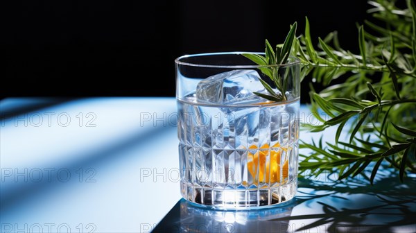 A glass of water with reflections and light refractions next to a plant