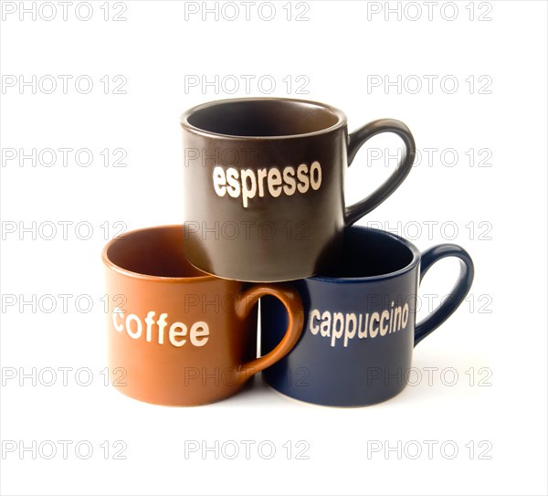 Coffee espresso cappuccino cups isolated on white background