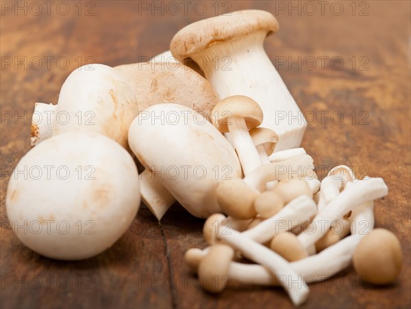 Bunch of fresh wild mushrooms on a rustic wood table