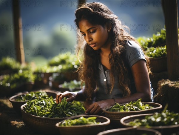 An Indian woman in traditional clothing picking tea on a tea plantation