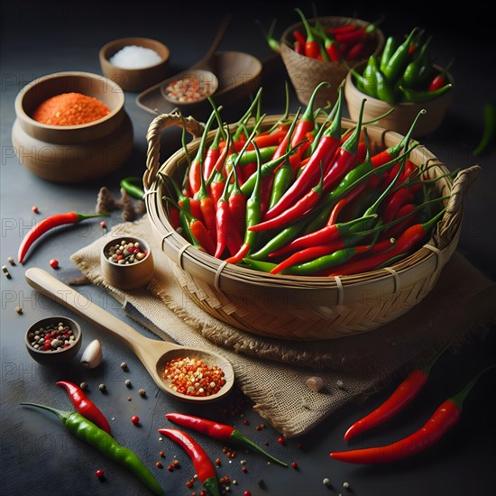 Ripe red hot chili peppers vegetable on table. AI generated