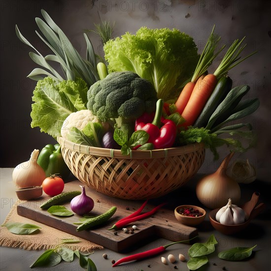 Assorted organic vegetables in a bamboo made basket. AI generated