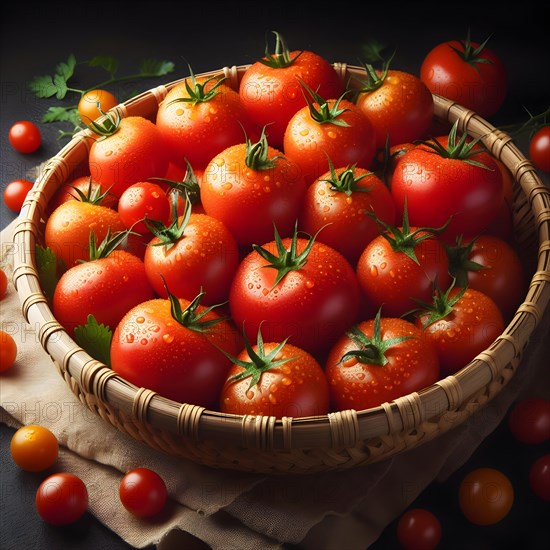 Organic vegetable tomatoes in a bamboo made basket. AI generated