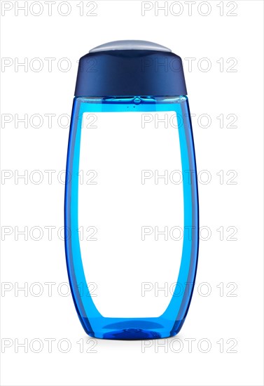 Blue shower bottle with label