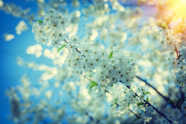 Big branch of blossoming cherry tree at sunset instagram style