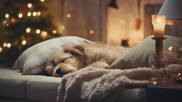 Cute dog sleeping on sofa in room with Christmas tree and lights Ai generated