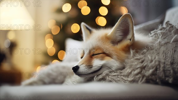 Cute little fox sleeping on sofa in room with Christmas tree and lights Ai generated